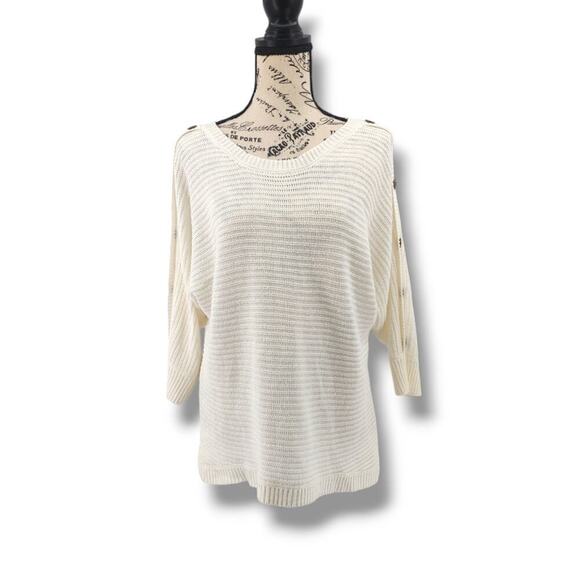 Womens Knit Sweater Large Ivory Dolman Sleeve Button Detail Textured Comfy - Picture 1 of 14